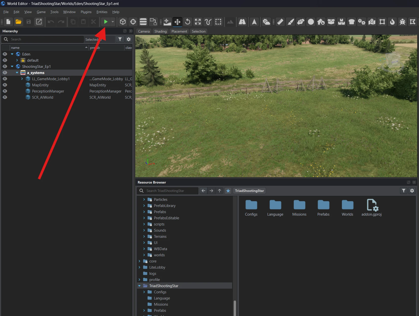 The mission world open in World Editor with the green play button marked.