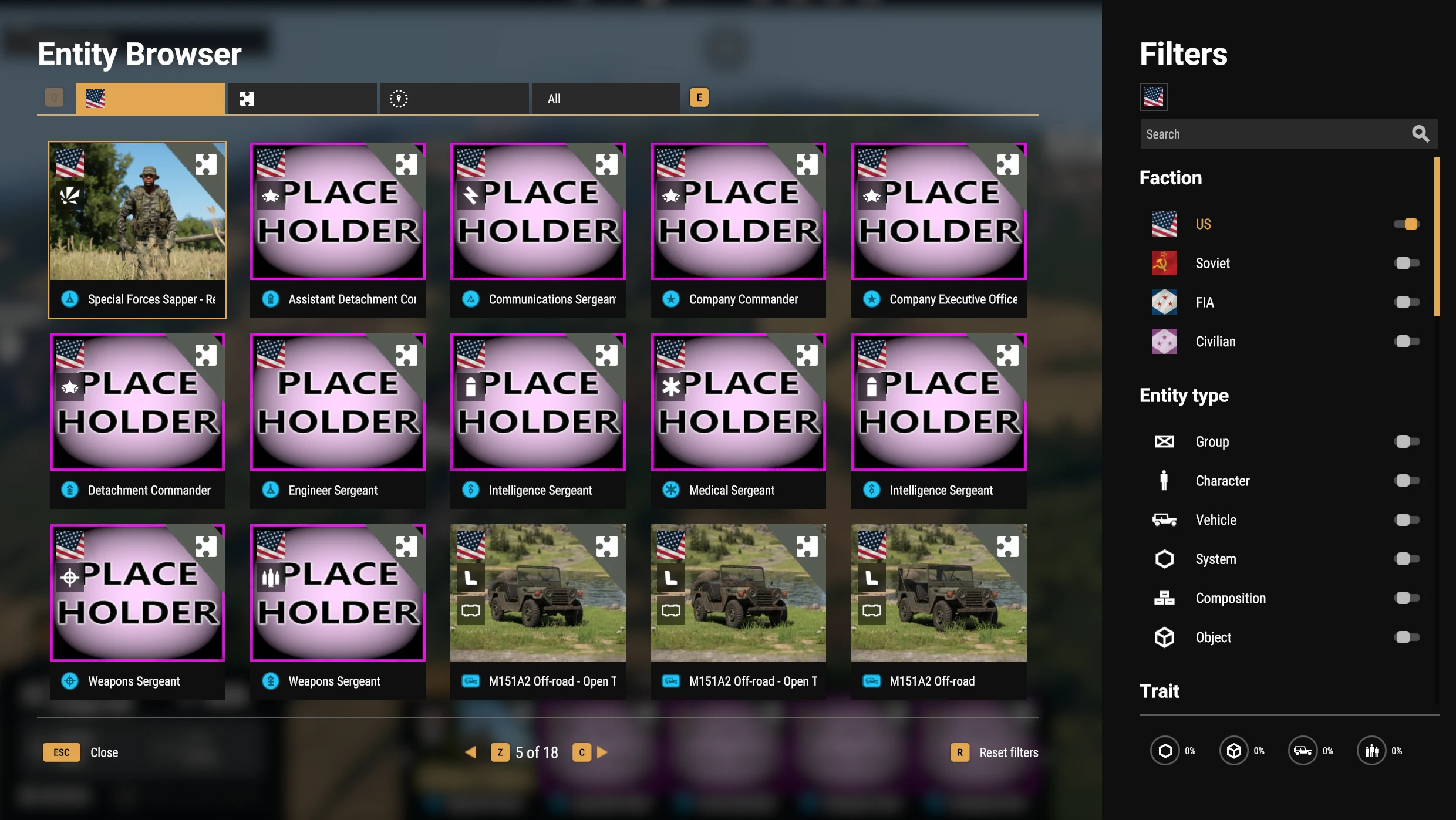 Entity Browser with the US faction selected and Communications Sergeant and Detachment Commander among the characters.