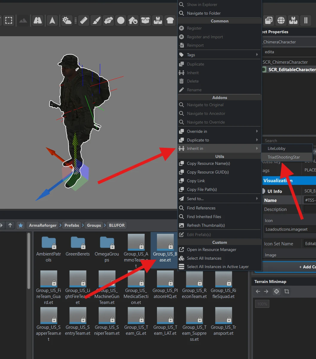 Inherit in selected for Group_US_Base.et with the TriadShootingStar addon highlighted.