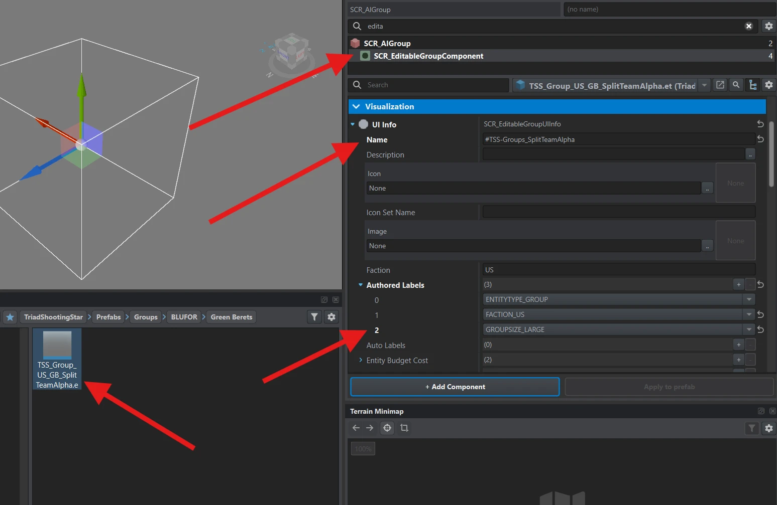 SCR_EditableGroupComponent with #TSS-Groups_SplitTeamAlpha as the name and GROUPSIZE_LARGE added.