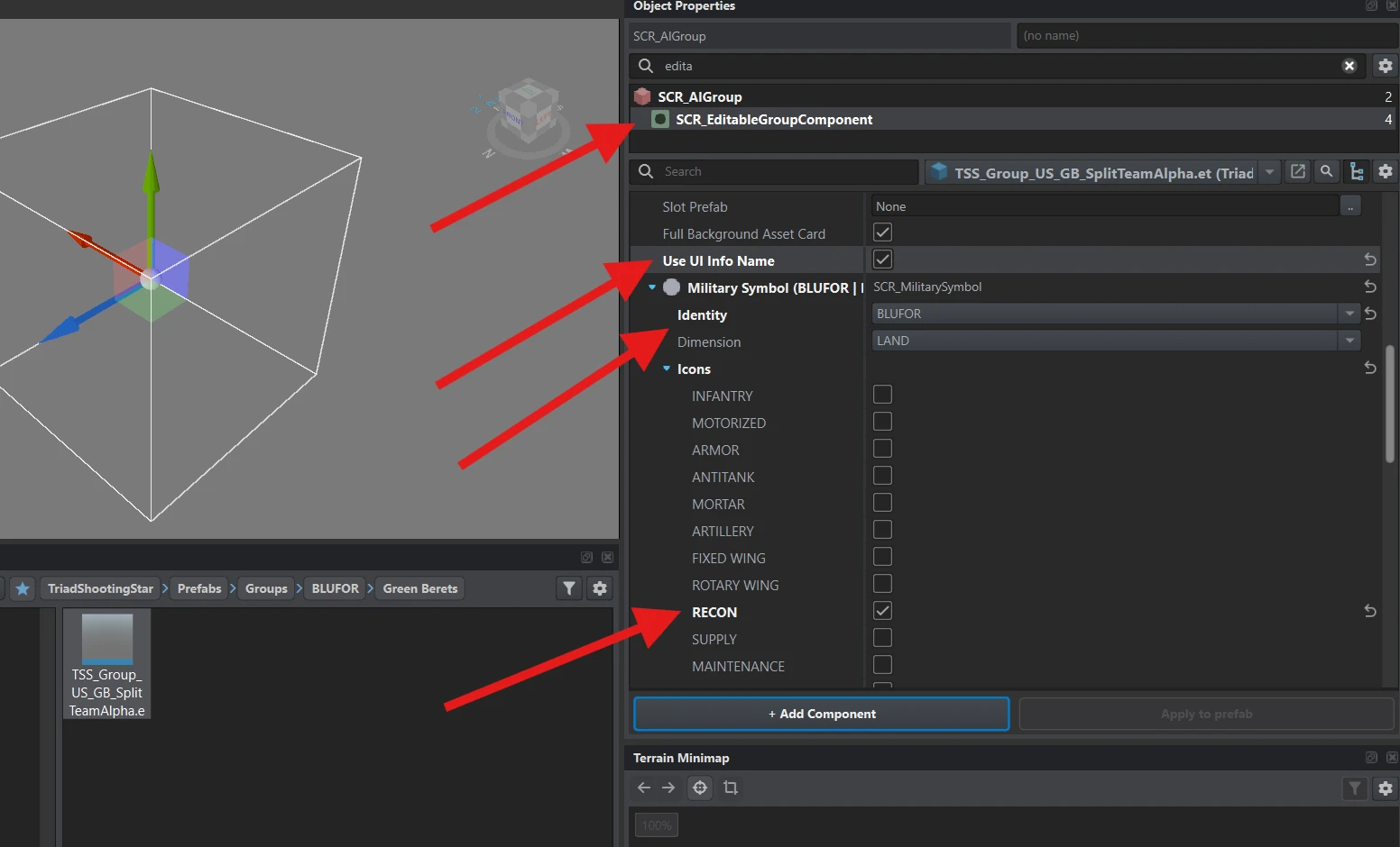Use UI Info Name enabled, with BLUFOR, LAND and RECON selected under Military Symbol.
