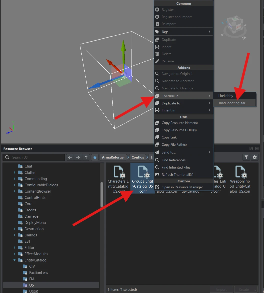 Override in selected for Groups_EntityCatalog_US.conf with the TriadShootingStar addon highlighted.