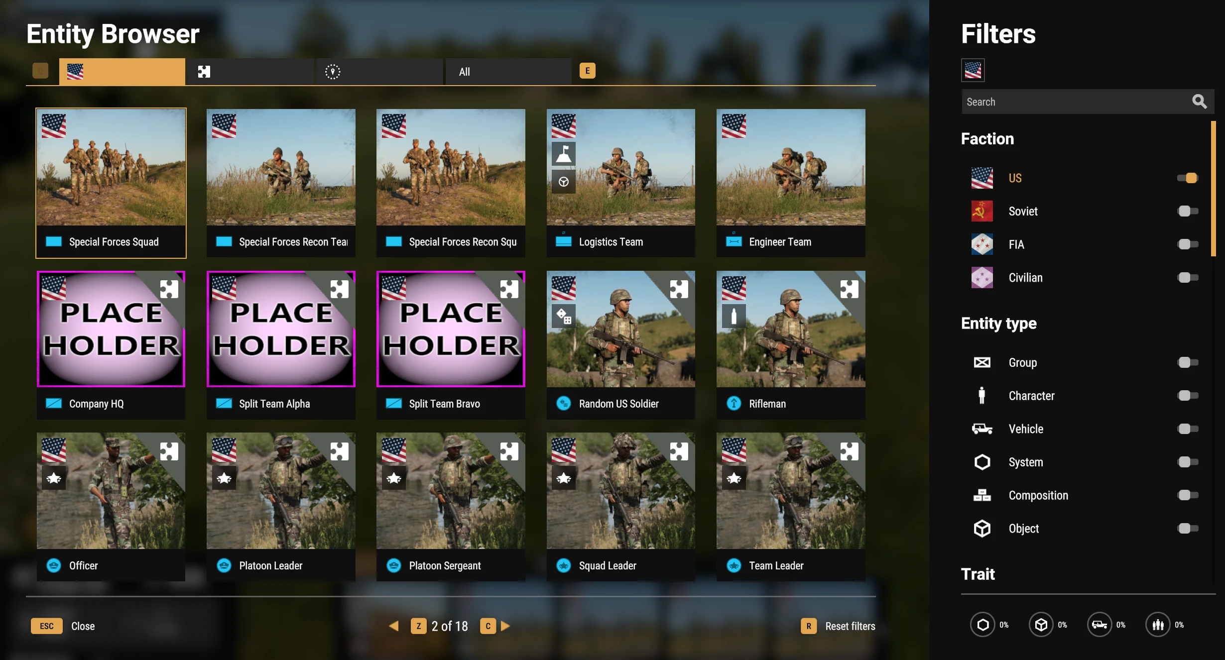 Company HQ, Split Team Alpha and Split Team Bravo visible in Entity Browser.
