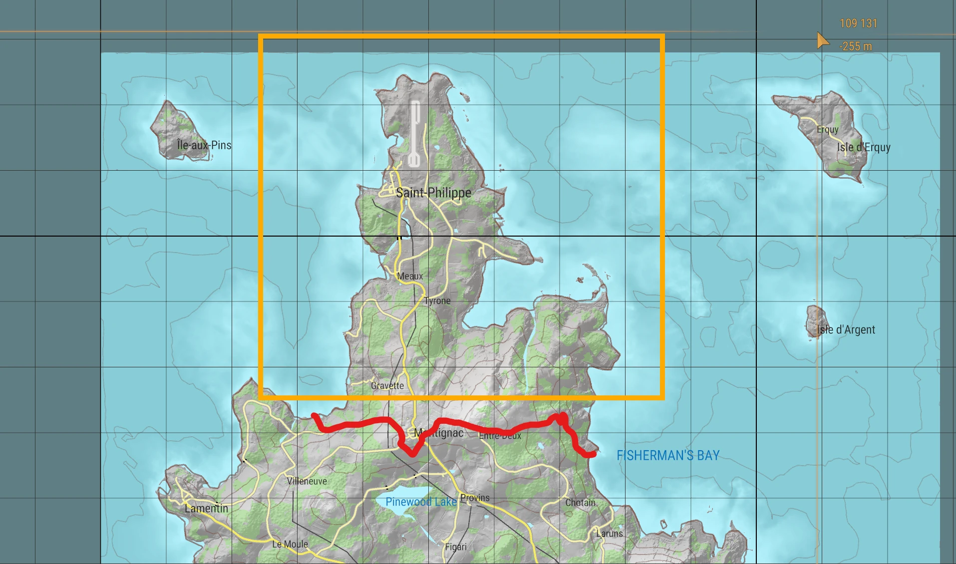 Map of northern Everon: an orange rectangle marks the play area, and a red line near Montignac marks a boundary players must not cross.