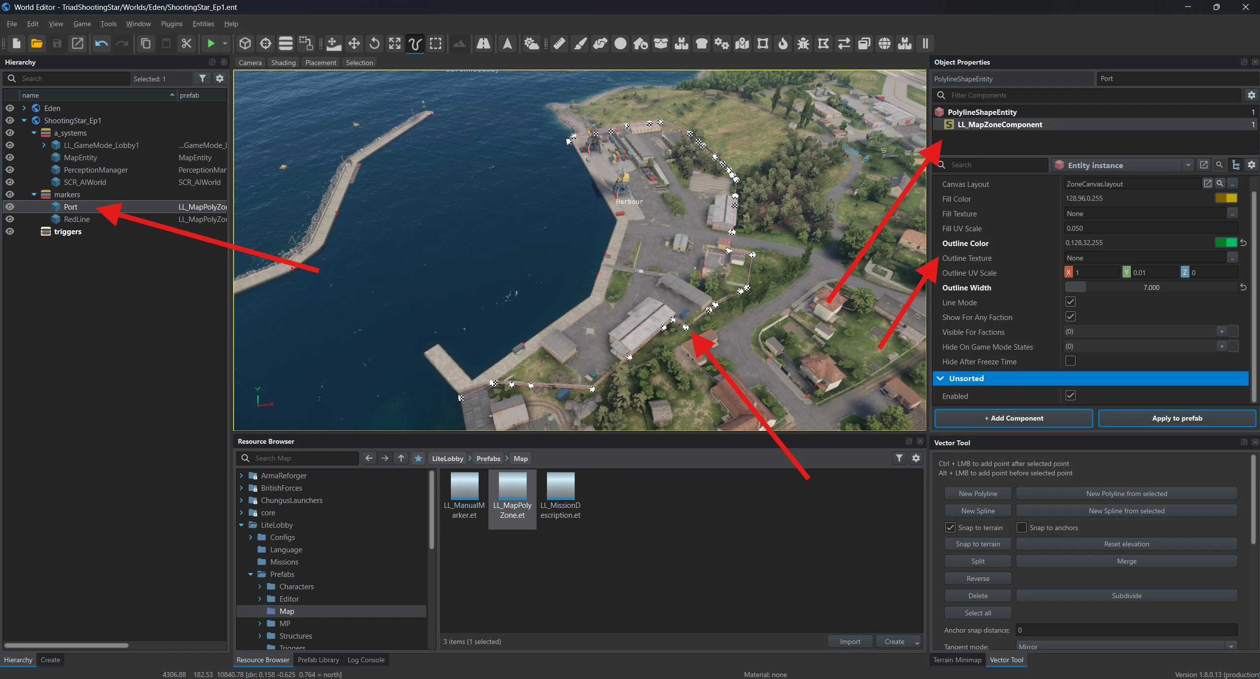 The Port line follows the port boundary; LL_MapZoneComponent has a green outline and width 7.