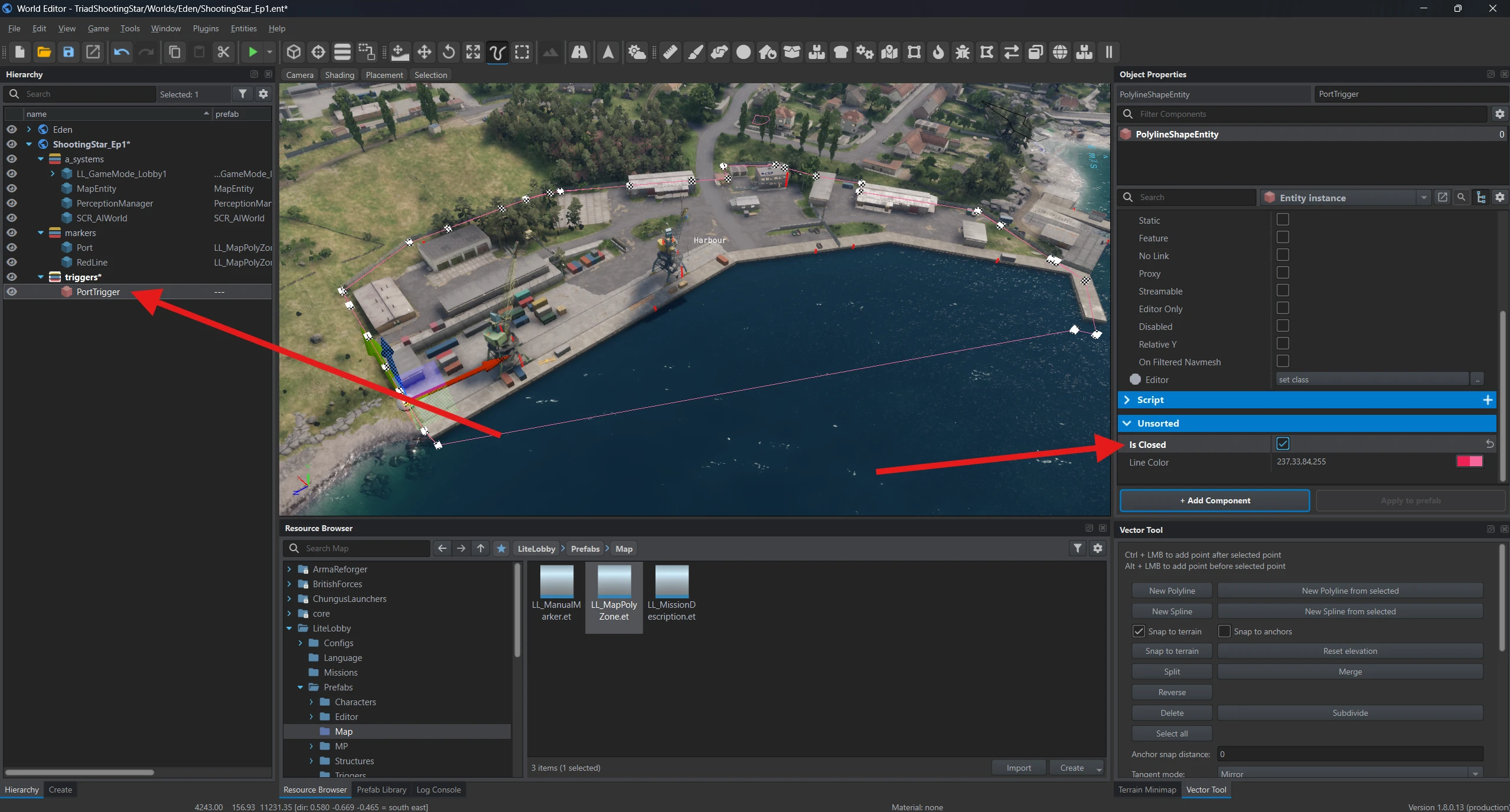 PortTrigger has Is Closed enabled and forms a closed boundary around the port.