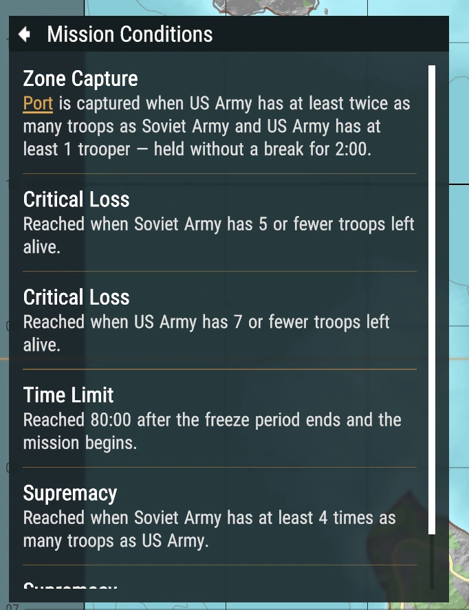 Mission Conditions lists port capture, critical losses, an 80-minute timer and numerical superiority.
