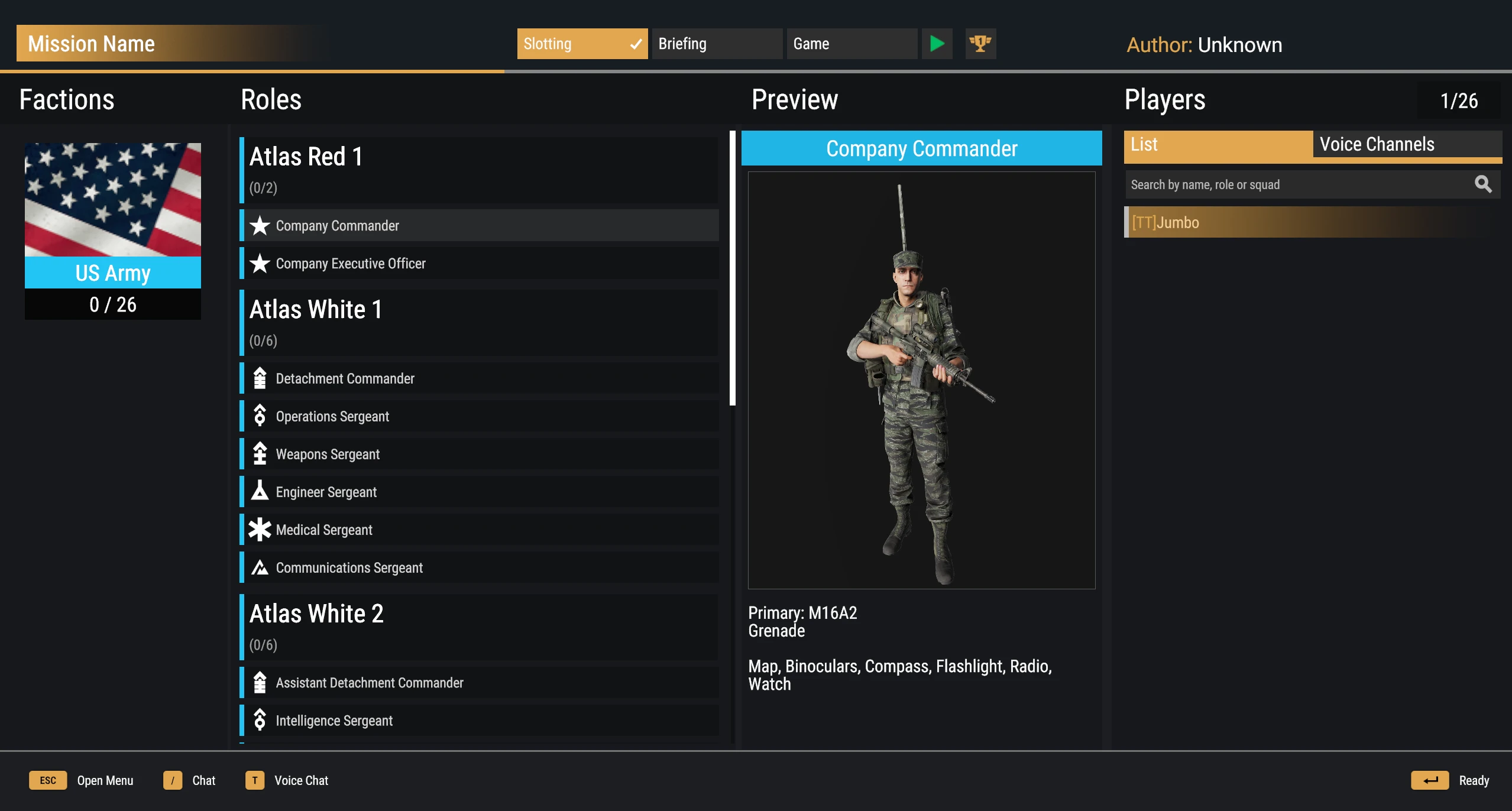 The lobby shows Atlas Red 1, Atlas White 1 and Atlas White 2 with roles and a character preview.