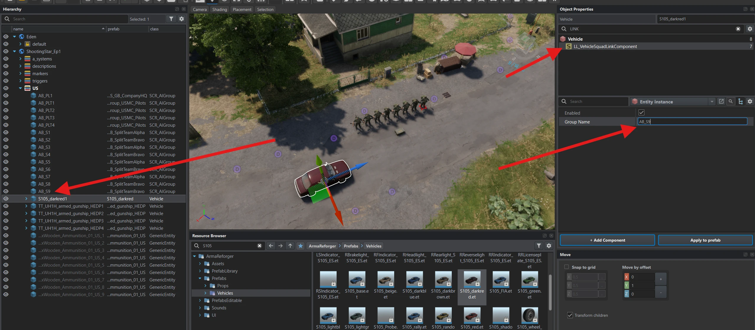 The vehicle's LL_VehicleSquadLinkComponent references AB_S9 from the expanded mission roster.