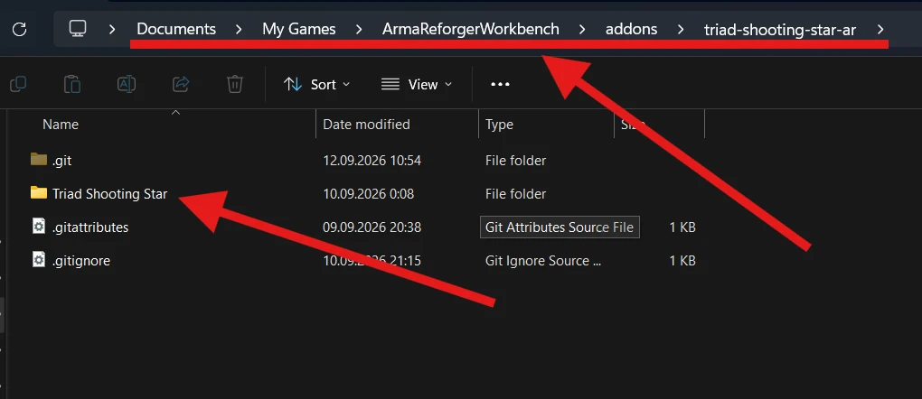 The triad-shooting-star-ar folder contains the Triad Shooting Star folder created by Workbench, the .git folder, and the .gitattributes and .gitignore files.