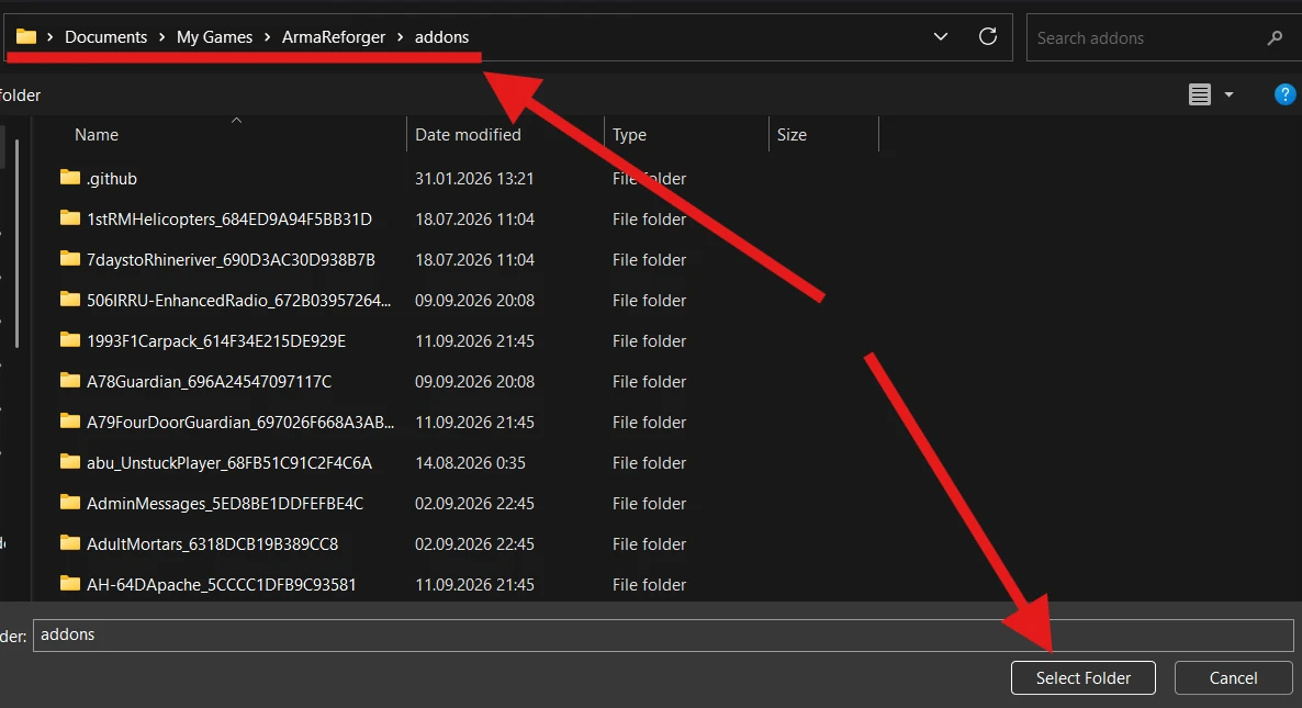 The Documents, My Games, ArmaReforger, addons folder is selected, with an arrow pointing to Select Folder.